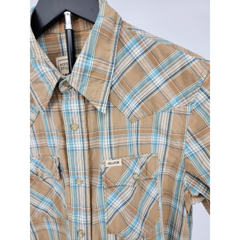 Hollister Mens Western Plaid Short Sleeve Pearl Snap Shirt Tan Blue Size M - Picture 2 of 6